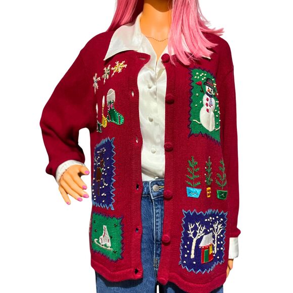 Vintage Red Ugly Christmas Cardigan Sweater Large - Picture 1 of 16